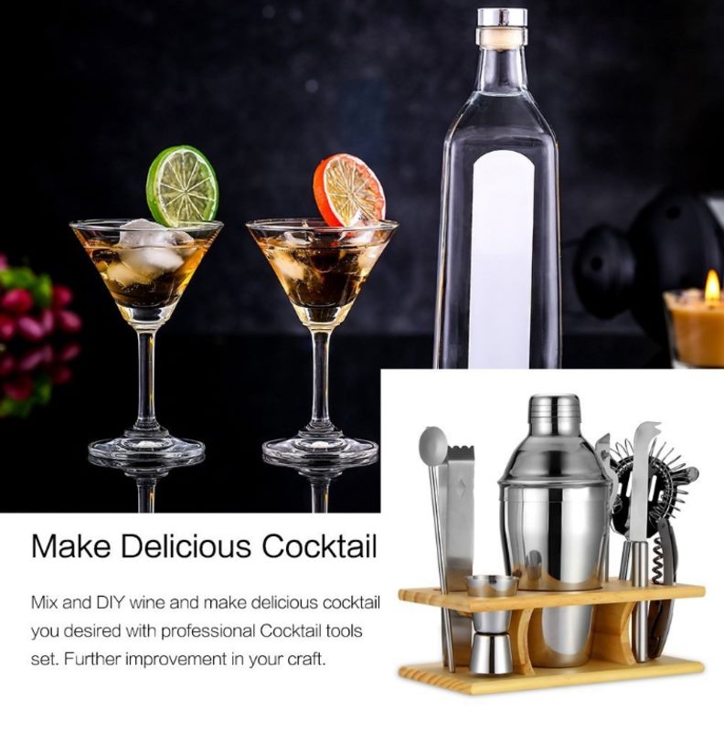9pcs Wooden Stand Cocktail Shaker Set - Stainless Steel