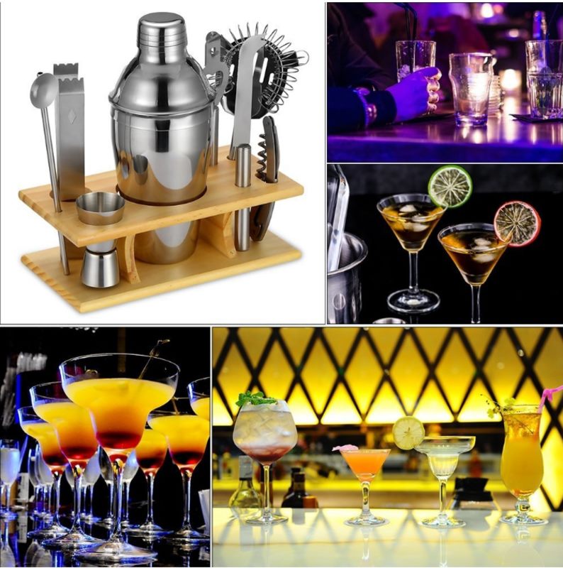 9pcs Wooden Stand Cocktail Shaker Set - Stainless Steel