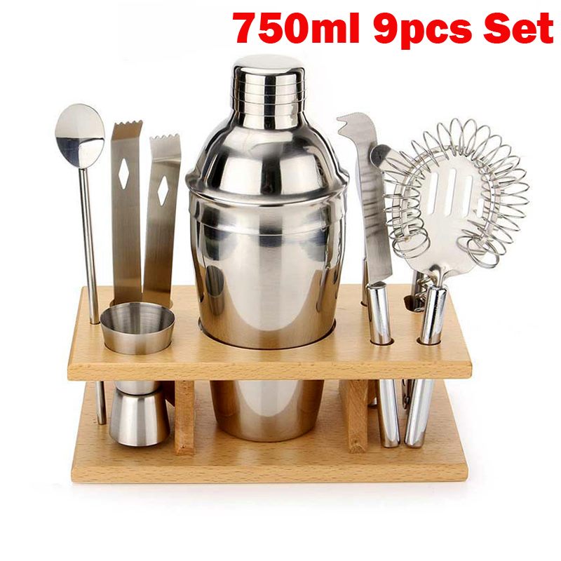 9pcs Wooden Stand Cocktail Shaker Set - Stainless Steel