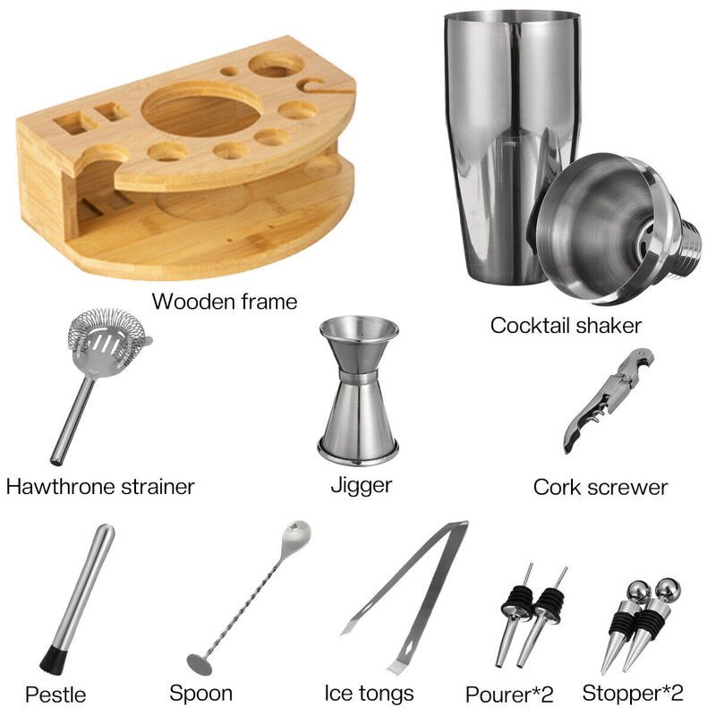 Wooden Stand Cocktail Shaker Set - 12 Piece