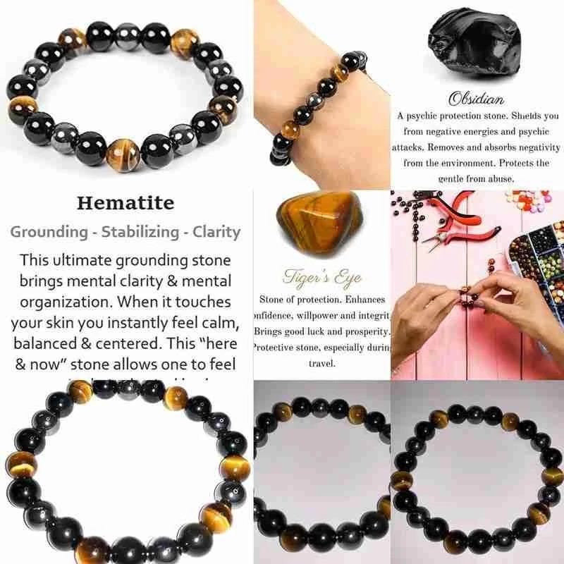 Triple Protection Bracelet - Black Obsidian, Tiger's eye, Hematite