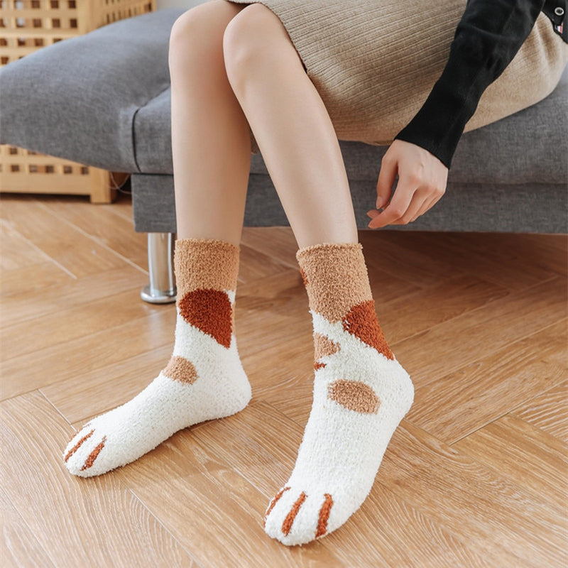 Cute Cat Claws Socks - Thick Warm Woolen Socks Sleeping Floor Home Wear (Khaki spots) - Nifti NZ