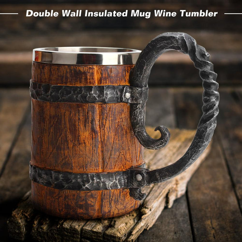 Viking Wooden Barrel Beer Mug - Stainless Steel Double Wall Insulated - Nifti NZ