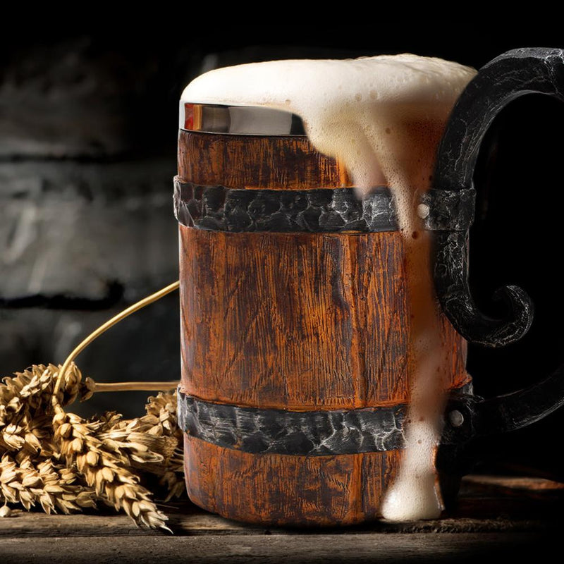 Viking Wooden Barrel Beer Mug - Stainless Steel Double Wall Insulated - Nifti NZ