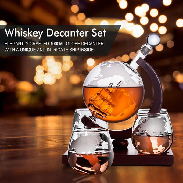 Whiskey Decanter Spirits 34Oz Glass Globe Ship & Glasses - Perfect Gift - Nifti NZ