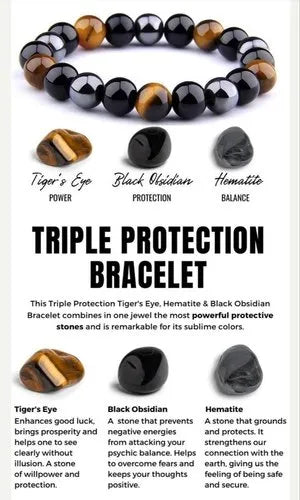 Triple Protection Bracelet - Black Obsidian, Tiger's eye, Hematite