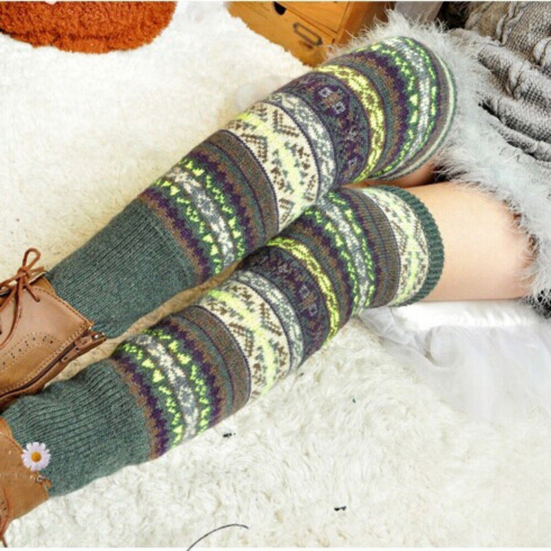 Over Knee Long Knit Leg Warmers - Chic Warm Striped Leggings